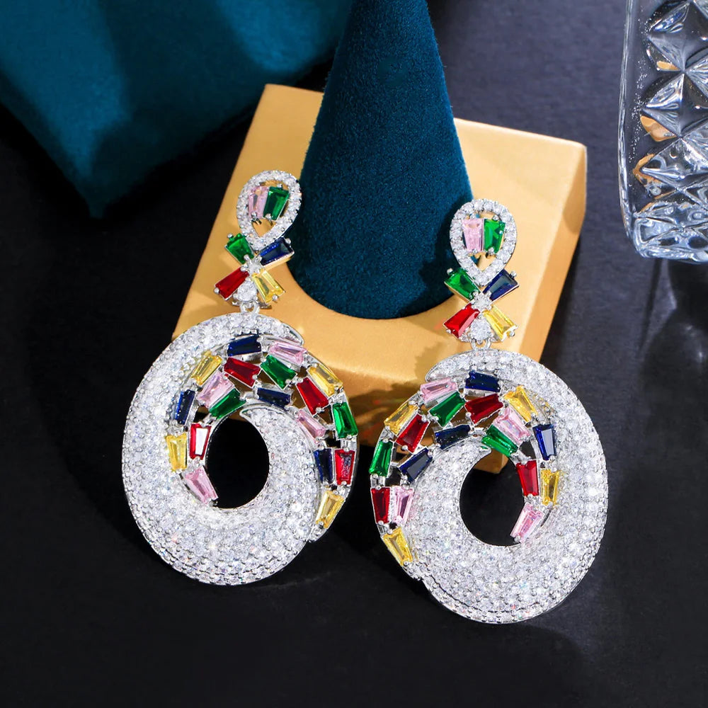 ThreeGraces Personality Multicolor CZ Zircon Nigerian Bridal Wedding Long Dangle Drop Earrings for Women Chic Prom Jewelry E1143