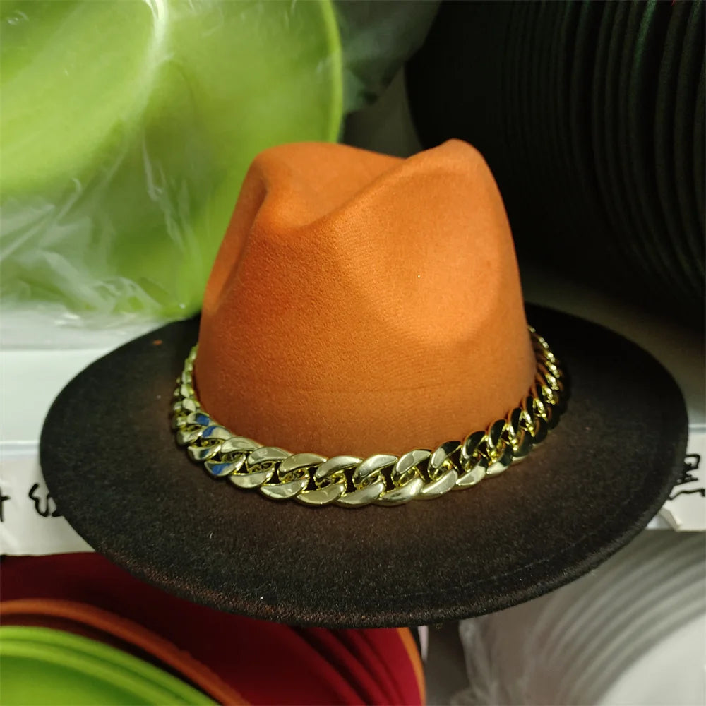 Felt Fedoras Women Patchwork Wide Brim Chain Accessory