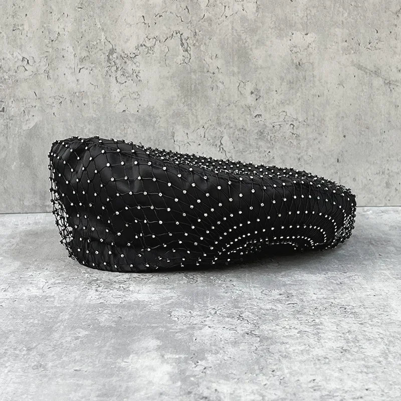 Italian Handmade Rhinestone Navy hat French Socialite Style Mesh Beret