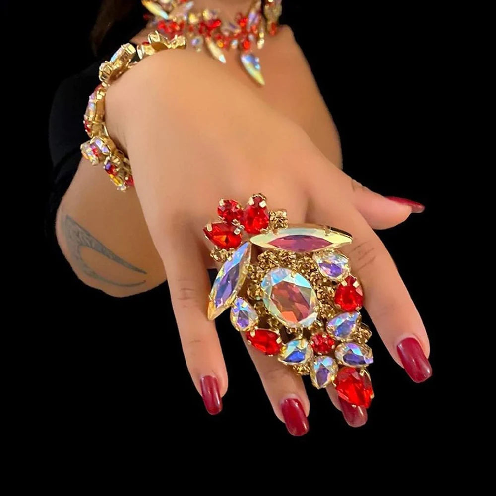 Red Rhinestone Exaggerated Rings