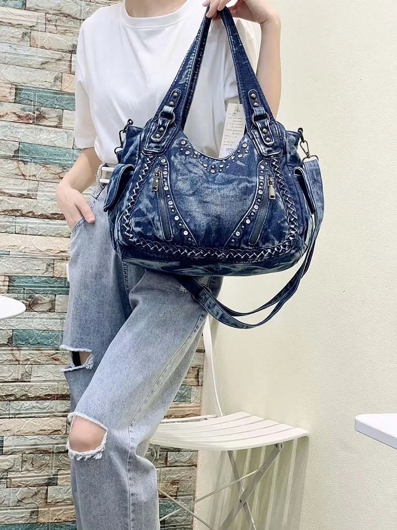 HIGHREAL High Quality Denim Women Handbag Rivets Women Designer Shoulder Bag Large-Capacity Wash Denim Girls Messenger Bag