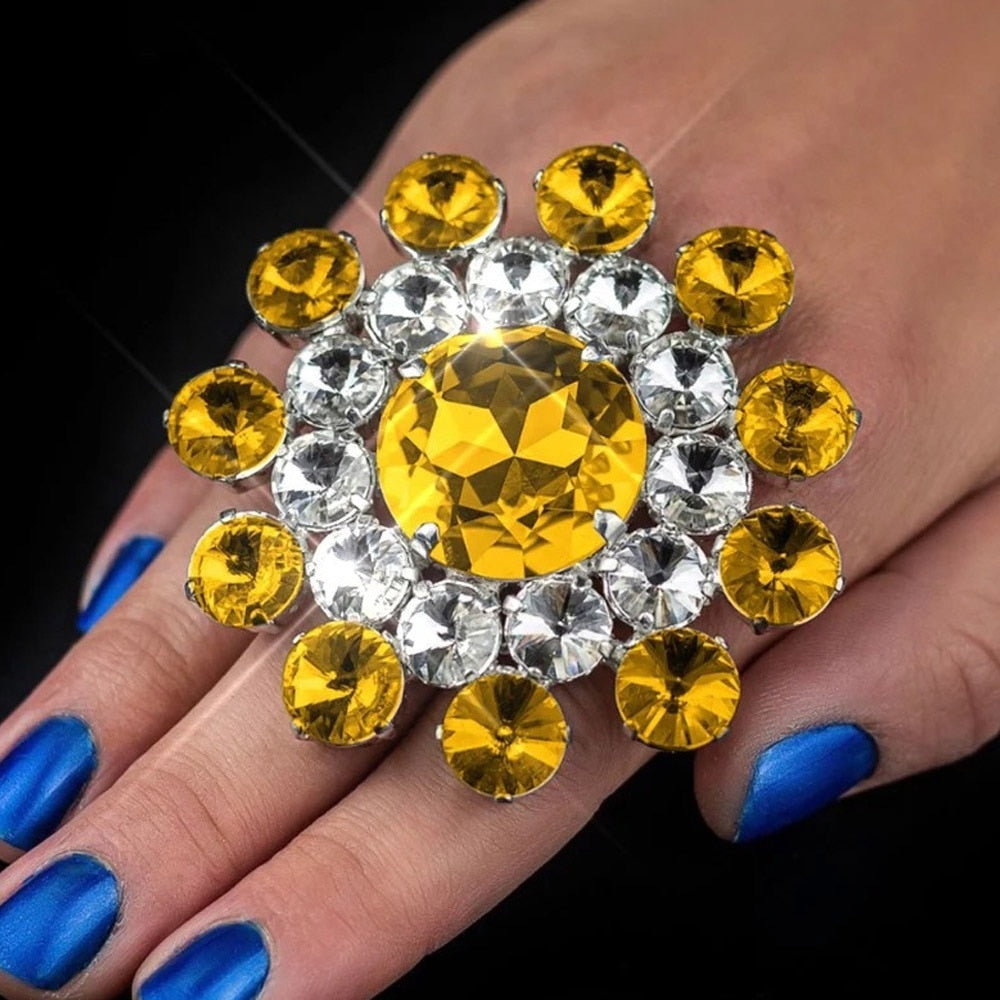 Round Crystal Exaggerated Exaggerated Crystal Finger Ring Adjustable Jewelry