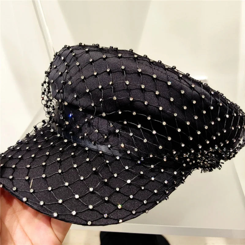 Italian Handmade Rhinestone Navy hat French Socialite Style Mesh Beret