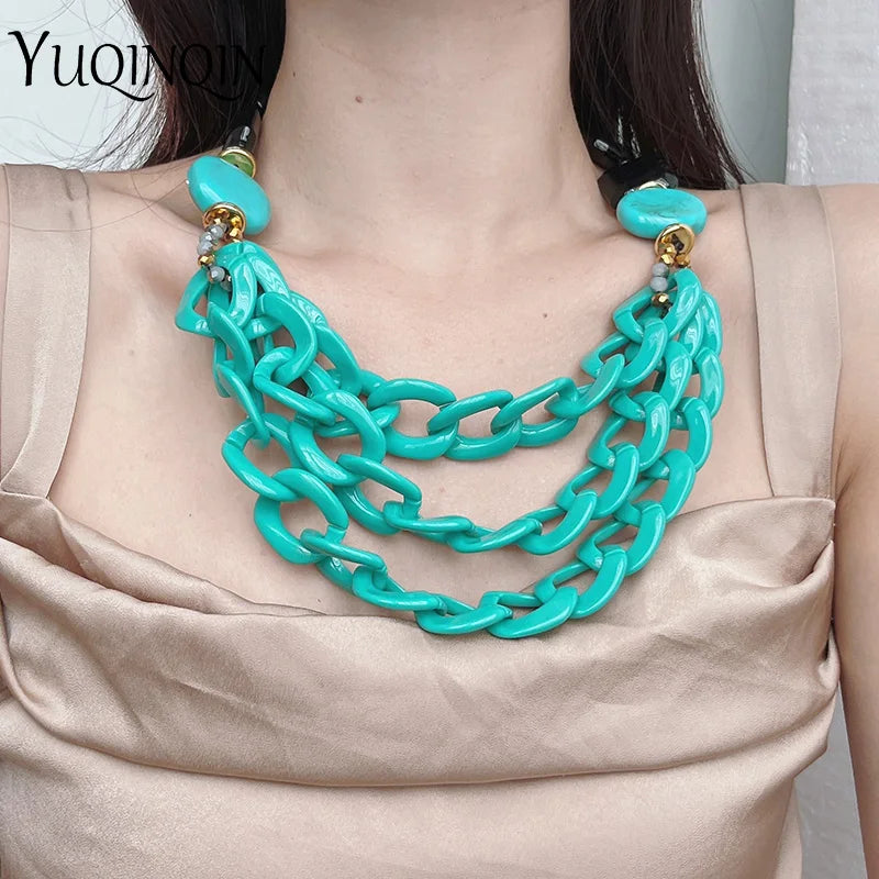 Vintage Big Green Resin Bib Necklaces Multi-layer Chain Pendant Necklace
