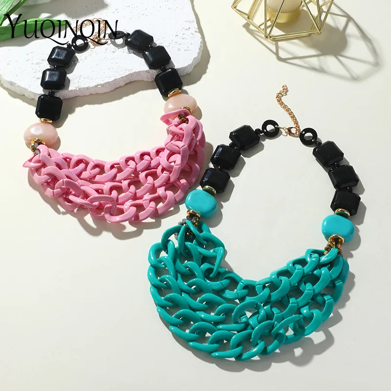Vintage Big Green Resin Bib Necklaces Multi-layer Chain Pendant Necklace
