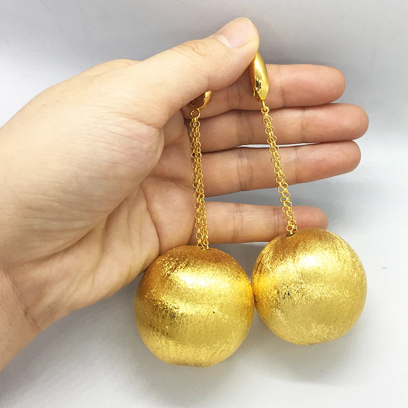 Dangle Drop Earrings African Long Chain Big Bead Hanging Teardrop 24K Gold Plated