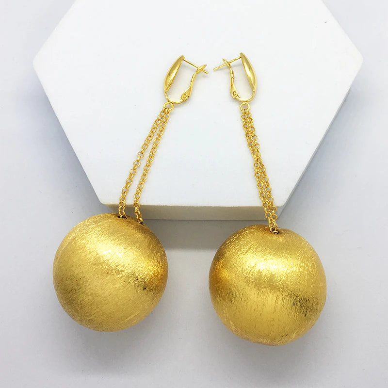 Dangle Drop Earrings African Long Chain Big Bead Hanging Teardrop 24K Gold Plated