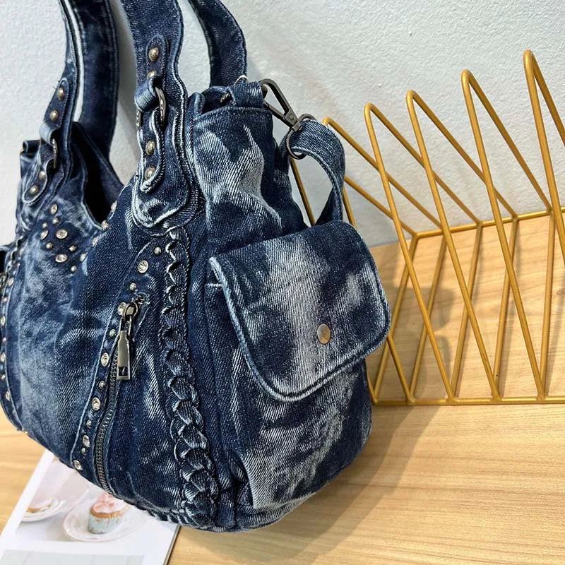 HIGHREAL High Quality Denim Women Handbag Rivets Women Designer Shoulder Bag Large-Capacity Wash Denim Girls Messenger Bag