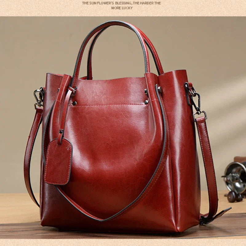 New Women's Genuine Leather Shoulder Bag Oil Wax Cowhide Korean Version Casual Crossbody Bag Vertical Square Handheld Big Bag