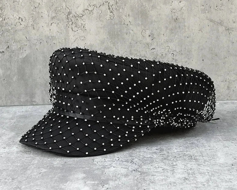 Italian Handmade Rhinestone Navy hat French Socialite Style Mesh Beret