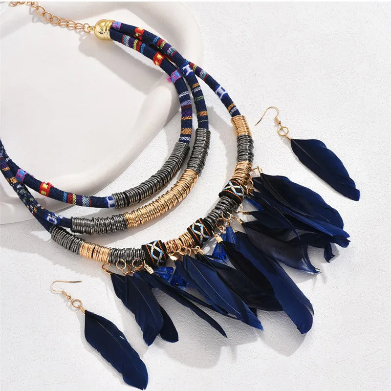 Fashion Bohemian Ethnic Feather Crystal Mixed Choker Necklace Earrings Set