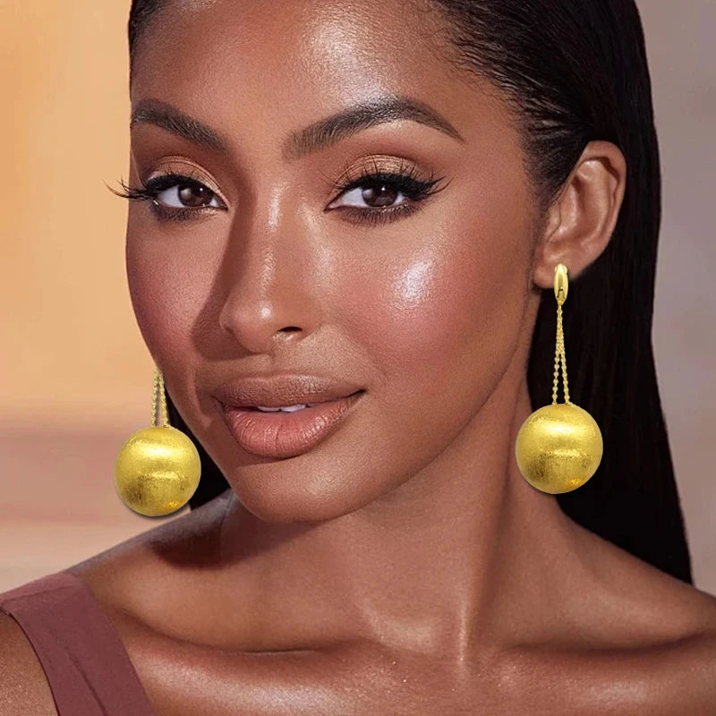 Dangle Drop Earrings African Long Chain Big Bead Hanging Teardrop 24K Gold Plated