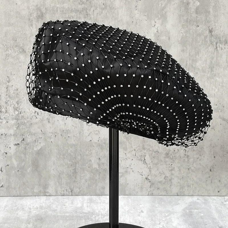 Italian Handmade Rhinestone Navy hat French Socialite Style Mesh Beret