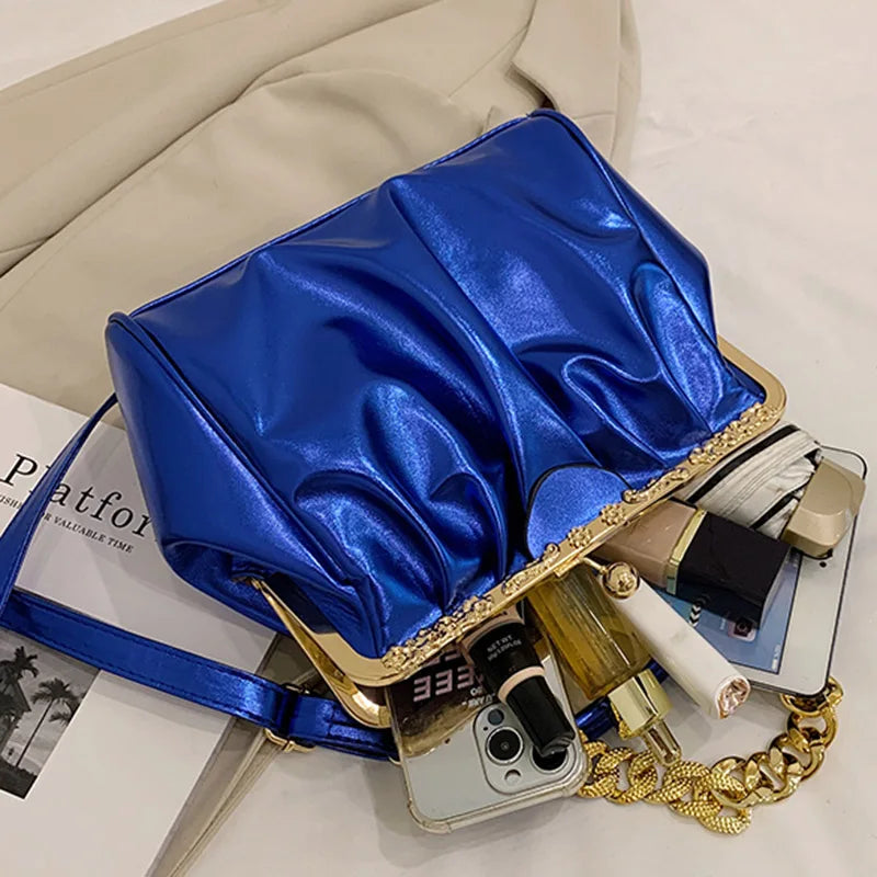 Brand Women Chain Shoulder Bags Kiss Lock Shell Clip Ruched Lady Silver Blue Green Crossbody Bags Pu Leather Handbags And Purse