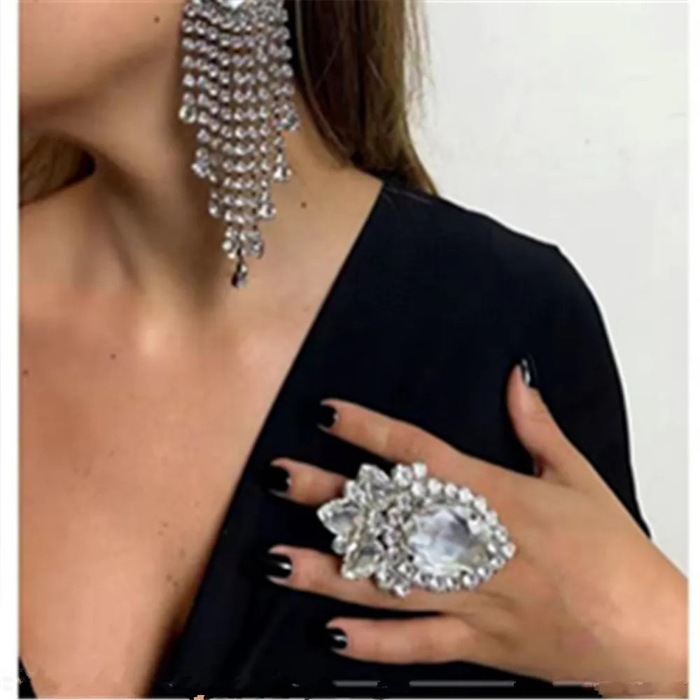 Shiny Crystal Oversized Water Drop Finger Ring
