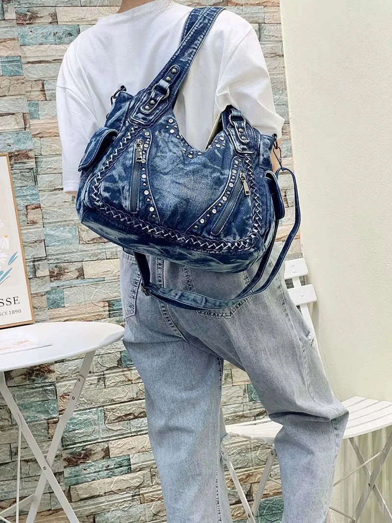 HIGHREAL High Quality Denim Women Handbag Rivets Women Designer Shoulder Bag Large-Capacity Wash Denim Girls Messenger Bag