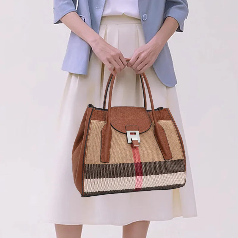 Striped Canvas Genuine Leather Trapeze Handbags