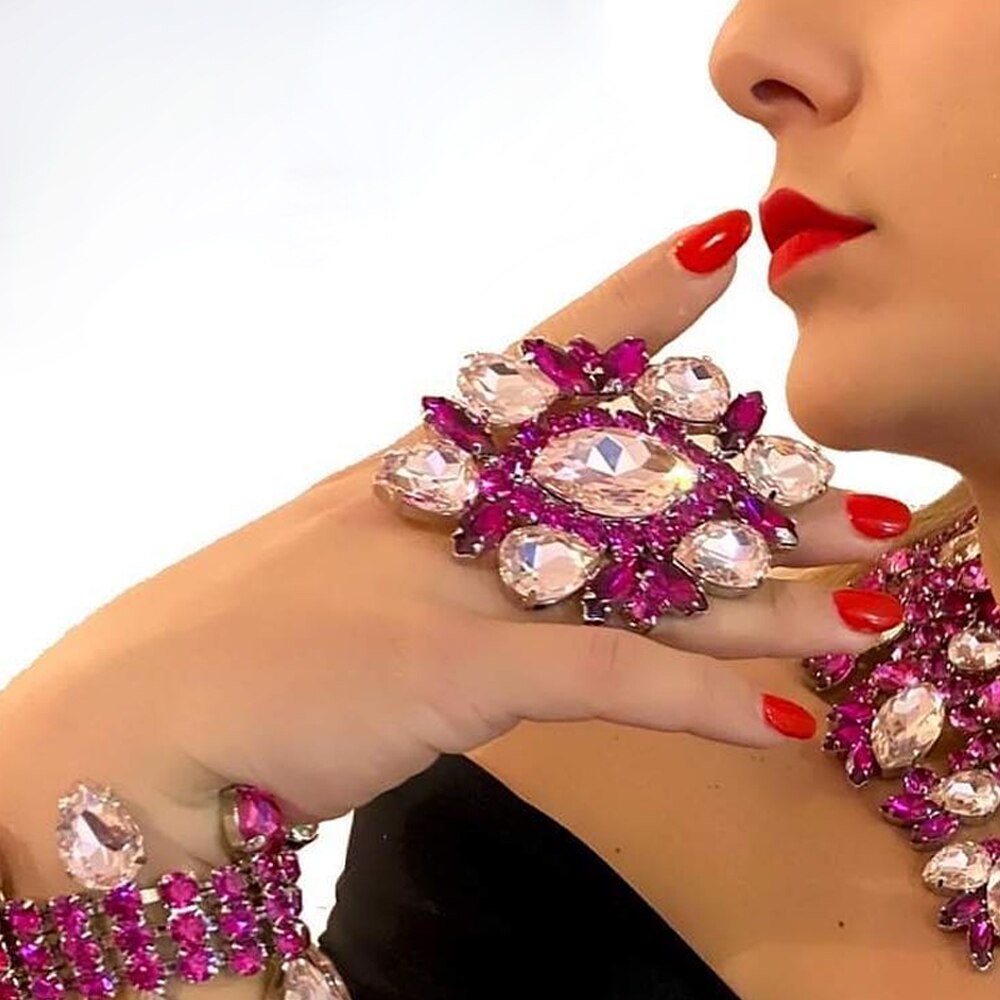 Luxury Purple Rhinestone Exaggerated Crystal Finger Ring Adjustable Jewelry