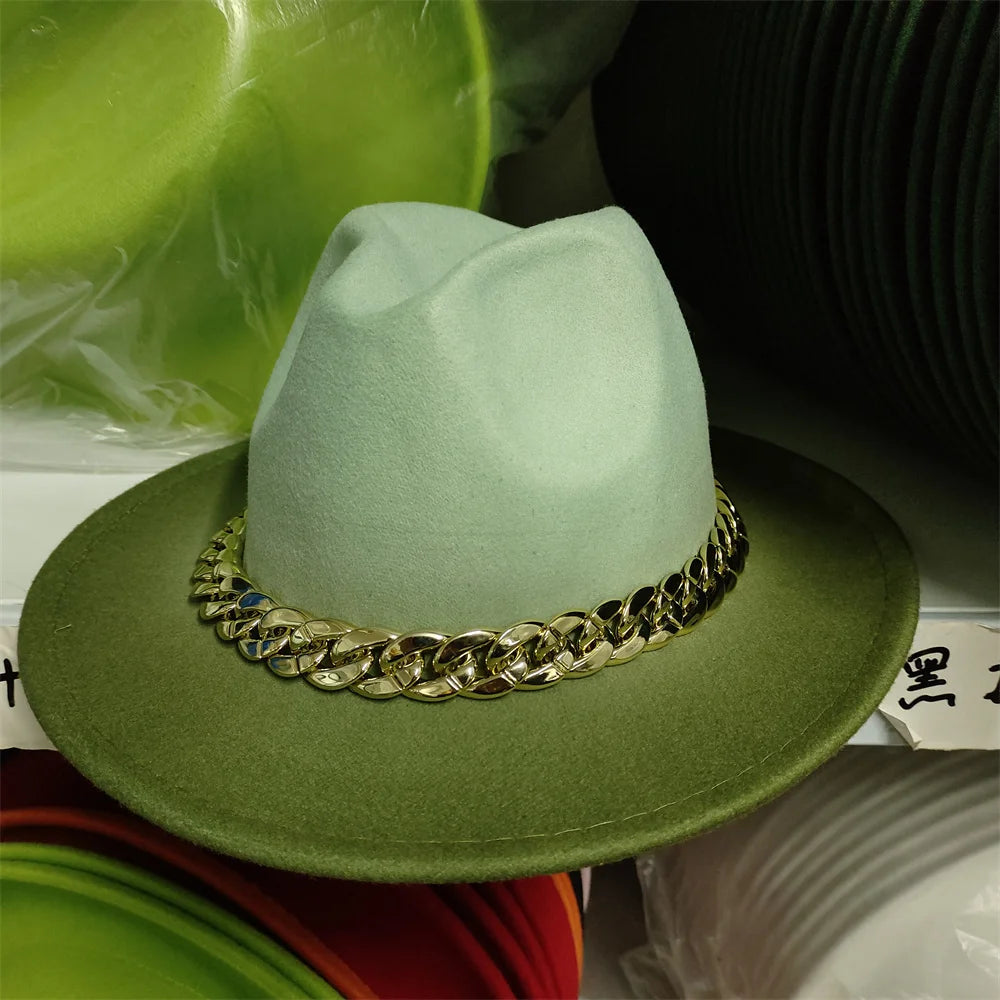 Felt Fedoras Women Patchwork Wide Brim Chain Accessory