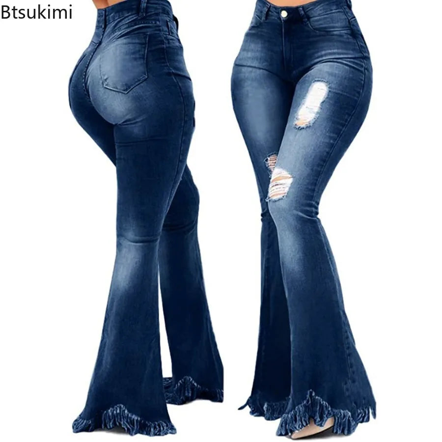 Full Length Denim Flared Pants High Waist Pockets