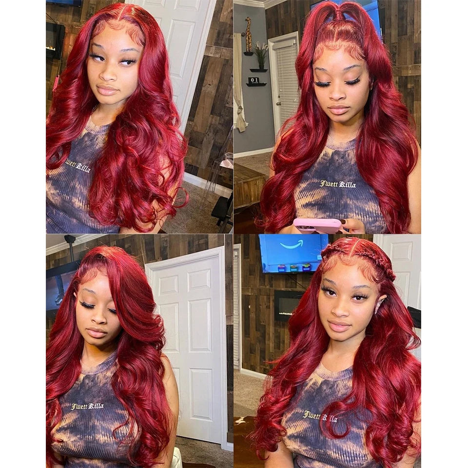 Brazilian Body Wave Wigs 13x4x1 Lace T Part Wig Human Hair Wigs For Black Women 99 Cherry Red Colored Wavy Wig Bleached Knots