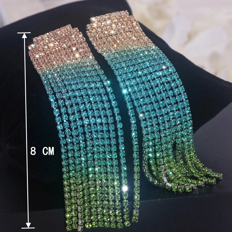 Sparkling Colorful Crystal Rhinestone Long Tassel Earrings