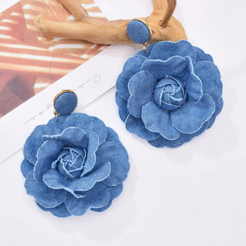 Flower Women Drop Earrings Elegant Denim Wedding Party Exaggerate Statement Earrings Charms Earrings Feminina