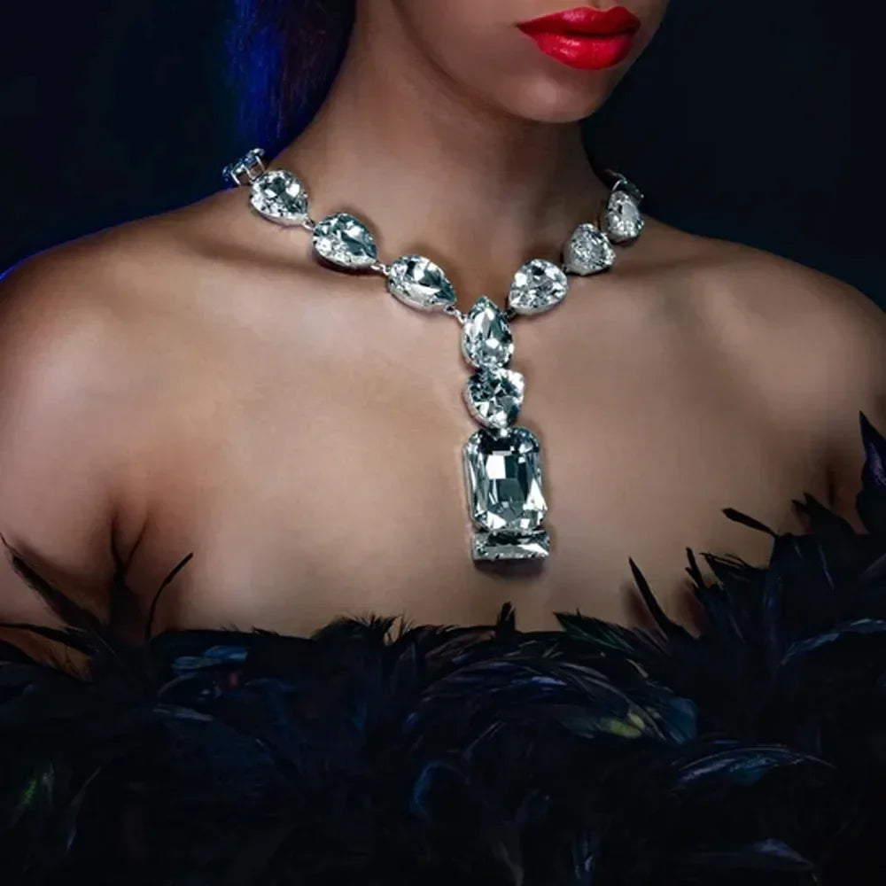 Woman Luxurious Handmade Oversized Crystal Necklace Sexy Fashion Big Square Rhinestone Statement Necklaces Accessories
