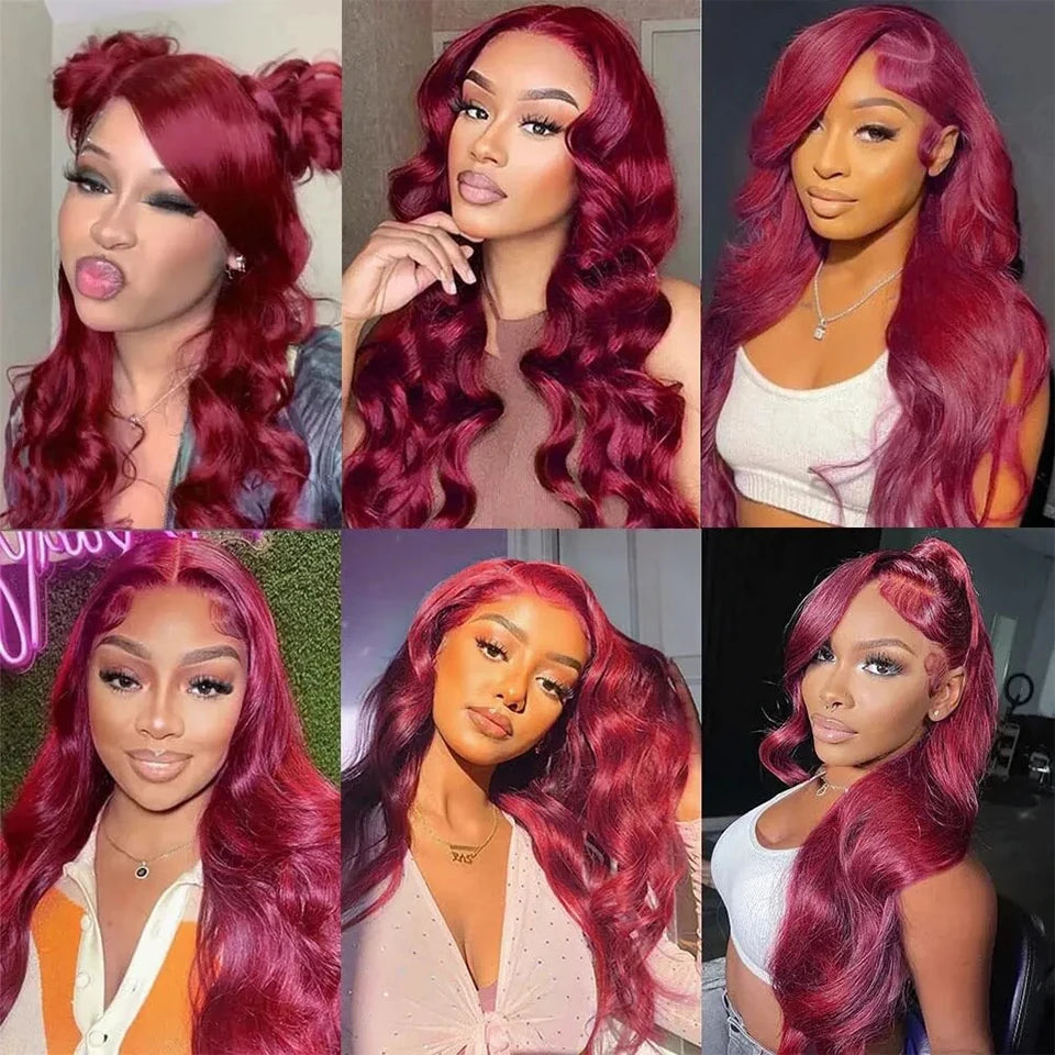 Brazilian Body Wave Wigs 13x4x1 Lace T Part Wig Human Hair Wigs For Black Women 99 Cherry Red Colored Wavy Wig Bleached Knots