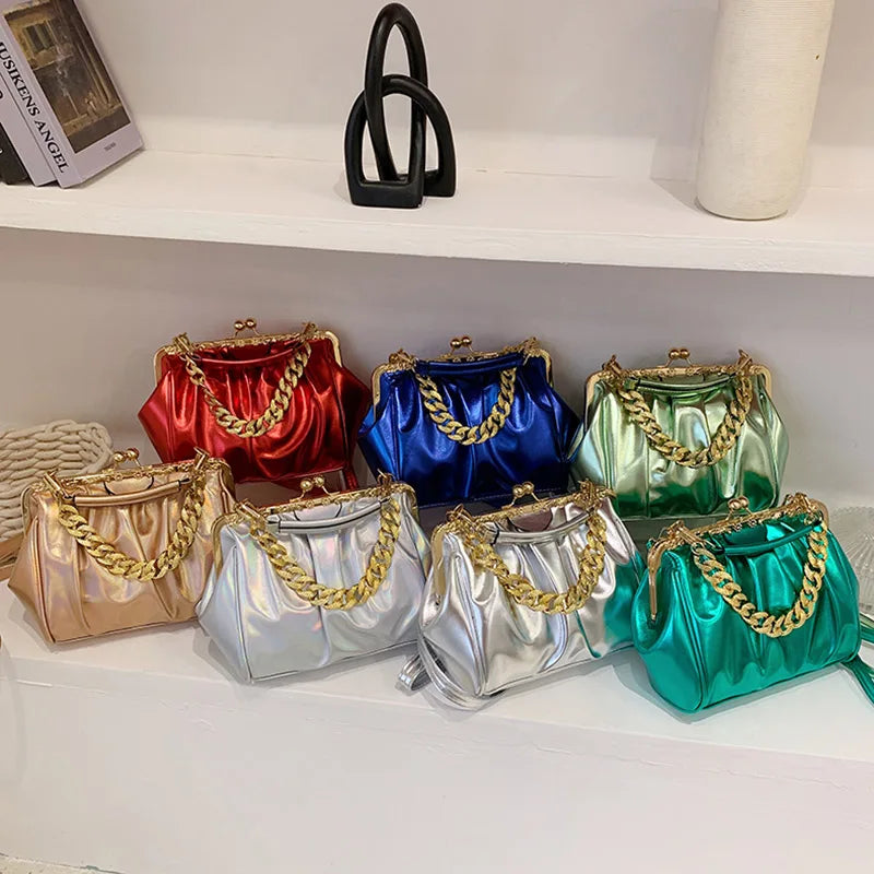 Brand Women Chain Shoulder Bags Kiss Lock Shell Clip Ruched Lady Silver Blue Green Crossbody Bags Pu Leather Handbags And Purse