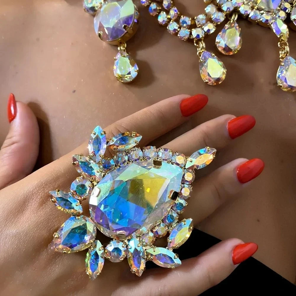 Fashion Colorful Exaggerate Open Rings Rhinestone Decoration Geometric Large Crystal Finger Rings Adjustable Jewelry Gift
