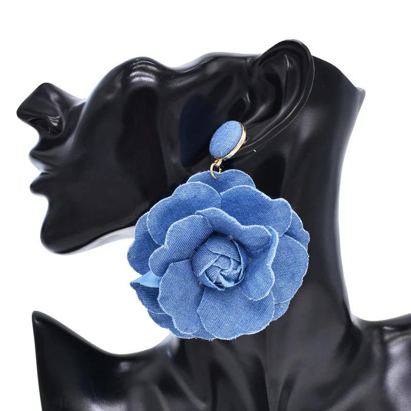 Flower Women Drop Earrings Elegant Denim Wedding Party Exaggerate Statement Earrings Charms Earrings Feminina