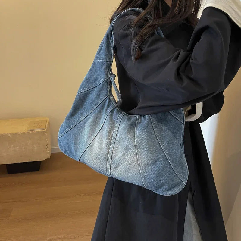 2023 New Winter Korean Fashion Shoulder Bag Lady Handbags Big Patchwork Denim Underarm Bags For Women Designer Bag And Purse