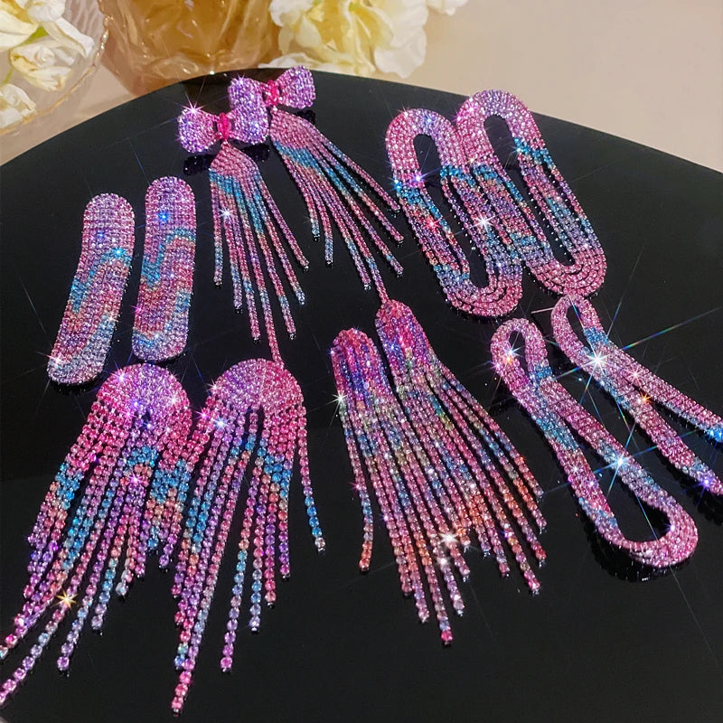 New Fashion Rhinestone Long Tassel Earrings for Women Europe Evening Party Crystal Drop Dangle Earings Wedding Bridal Jewelry