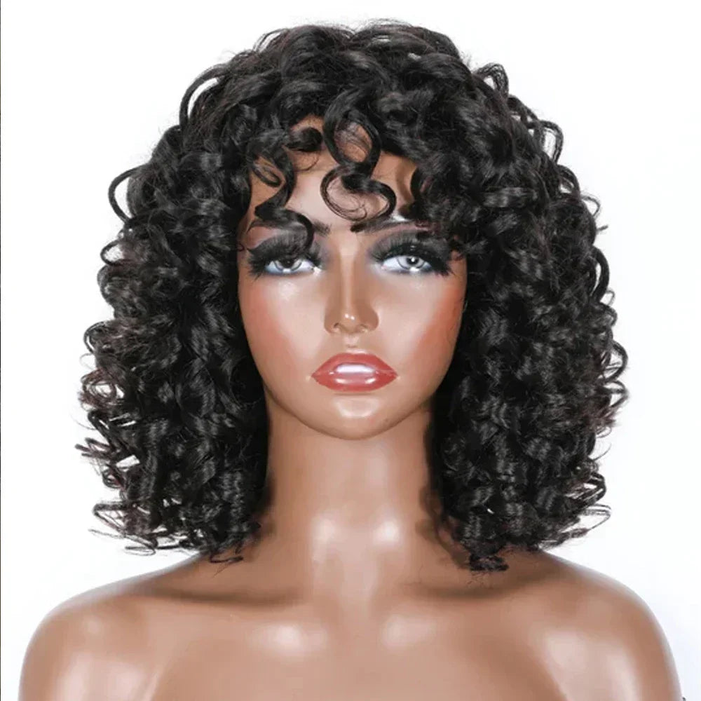 Short Curly Bob Wig Human Hair With Bangs Wear And Go Glueless Bouncy Curly Human Hair Wigs Machine Made Afro Wigs for Women