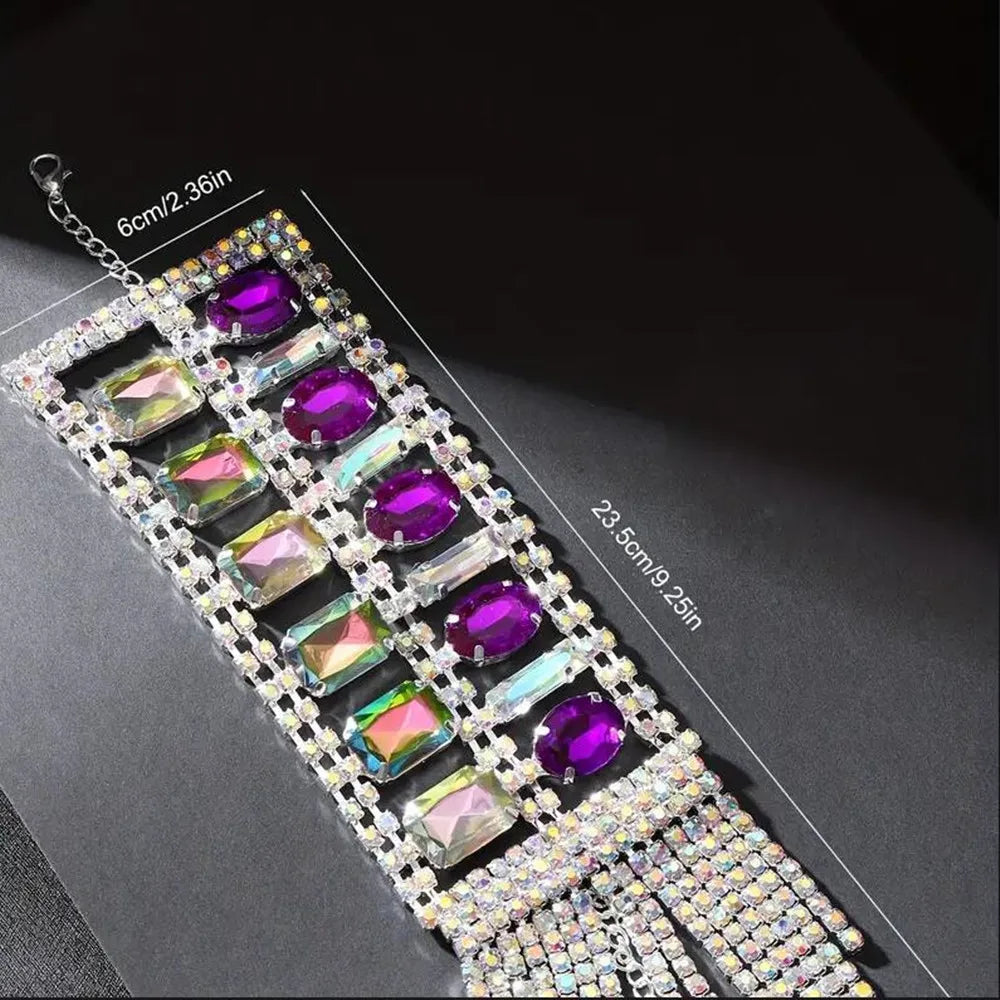 Luxury Rhinestone Crystal Purple Oval Pendant Long Fringed Hand Bracelet Wristband Hand Chain Bangle Wedding Jewelry For Women