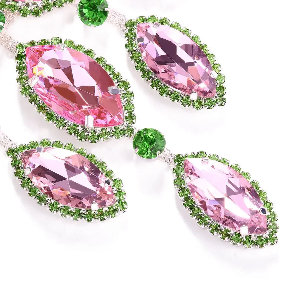 Exaggerated Geometric Pink and Green Rhinestone Necklace