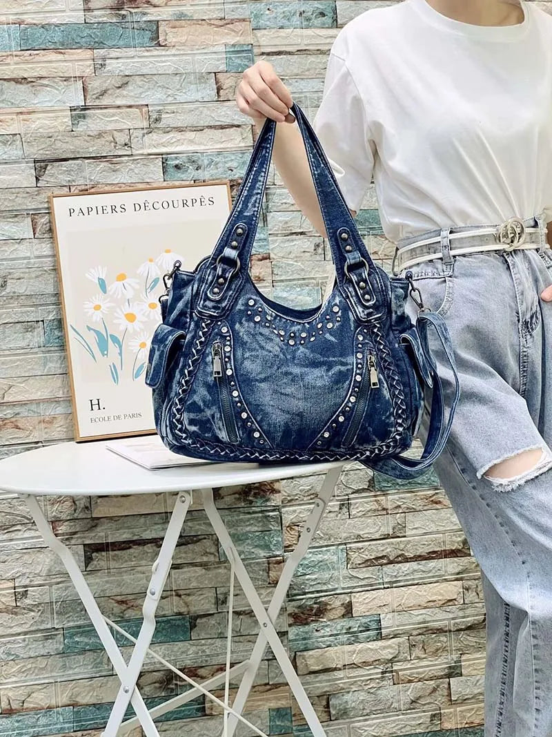 HIGHREAL High Quality Denim Women Handbag Rivets Women Designer Shoulder Bag Large-Capacity Wash Denim Girls Messenger Bag