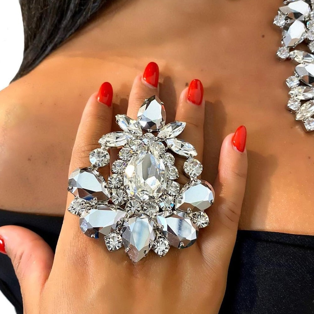 Exaggerated Crystal Open Rings Adjustable Jewelry Rhinestone Gemstone Accessories