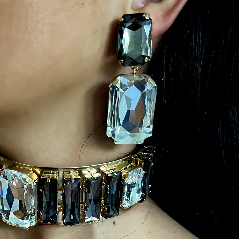 Exquisite Shiny Large Rhinestone Necklace Earrings & Necklace
