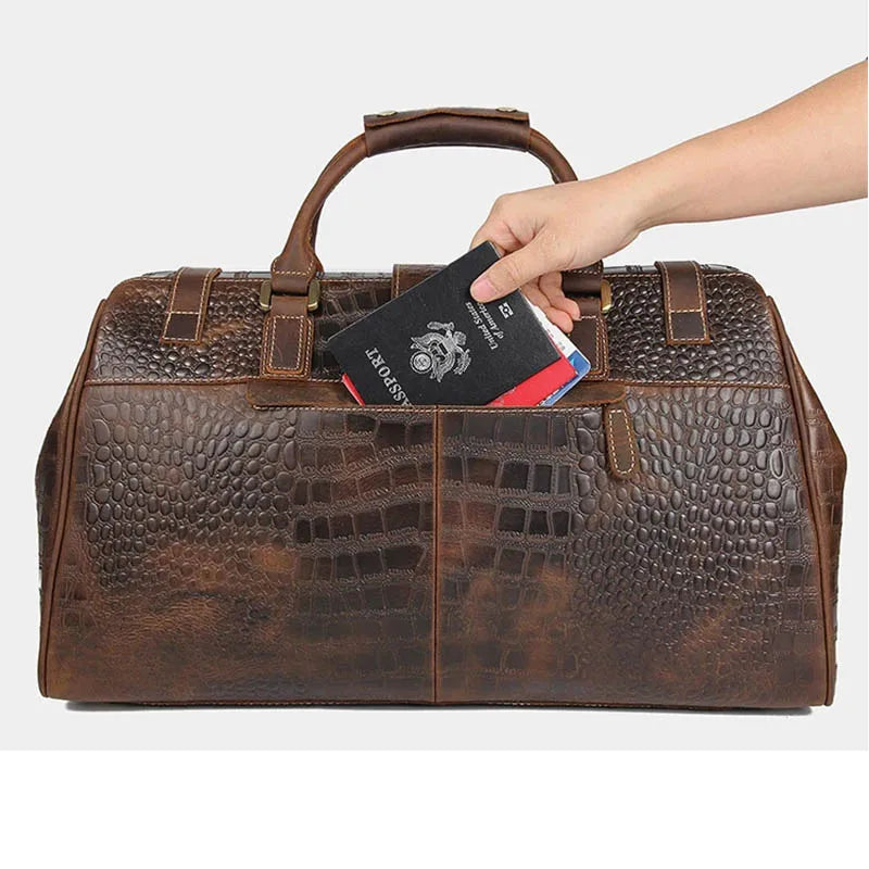 Vintage Crazy Horse Genuine Leather Mens Travel Bag With Lock Big Capacity Crocodile Travel Duffle Bag Male Carry On Luggage Bag