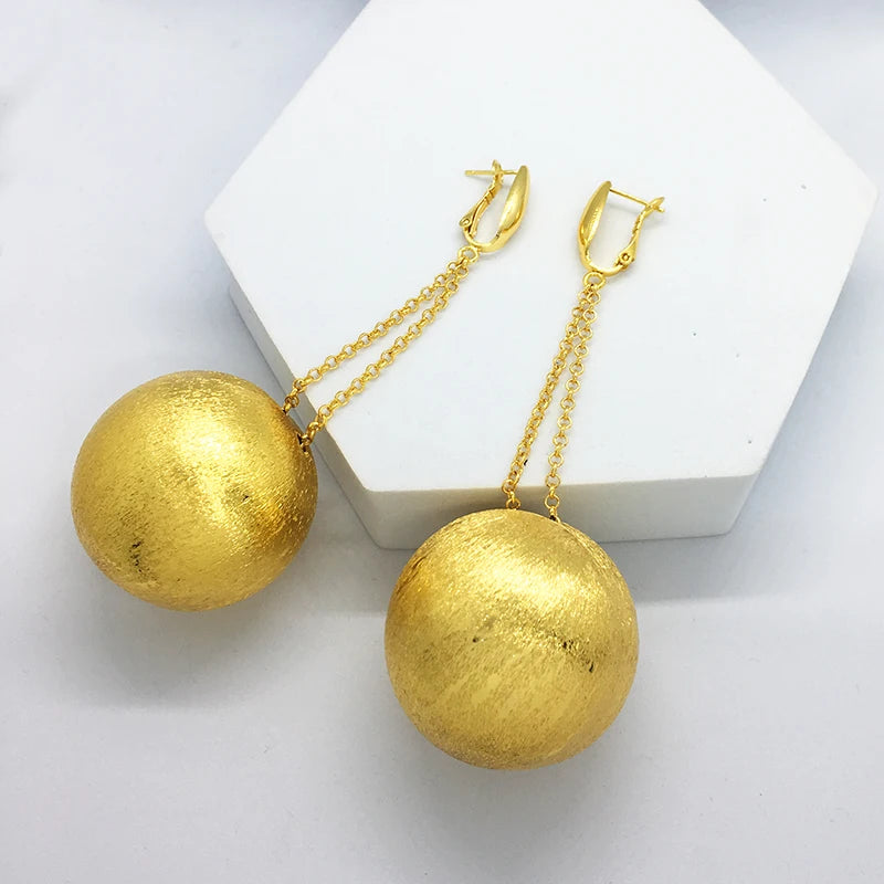 Dangle Drop Earrings African Long Chain Big Bead Hanging Teardrop 24K Gold Plated