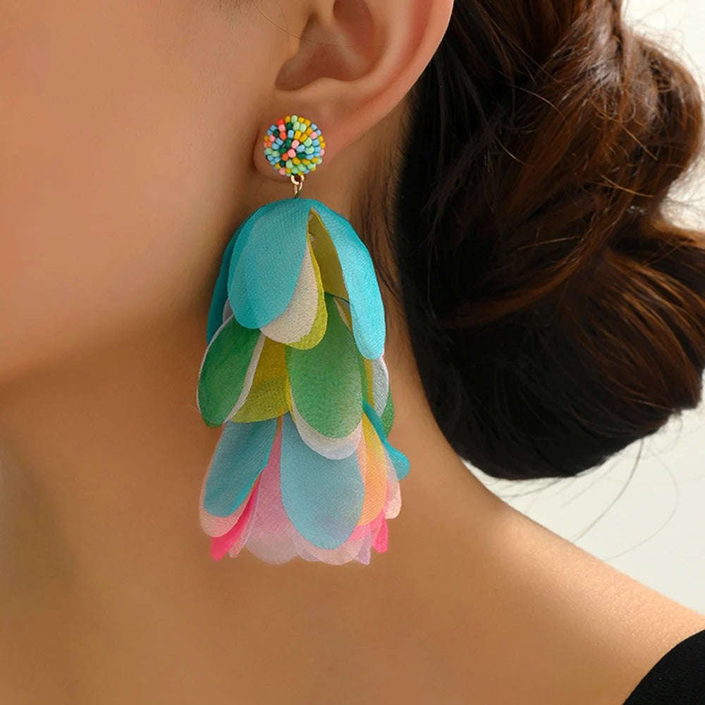 Fashion Colorful Flower Beaded Big Dangle Earrings