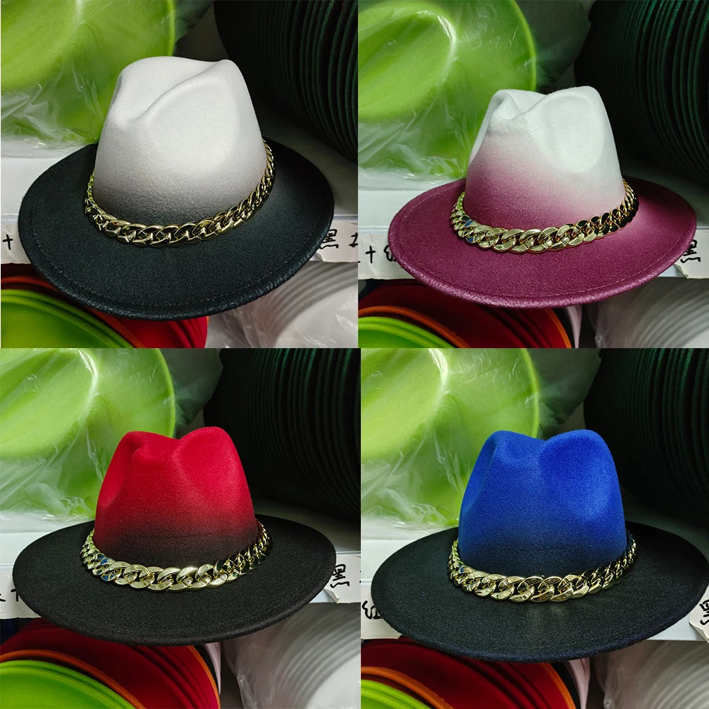 Felt Fedoras Women Patchwork Wide Brim Chain Accessory