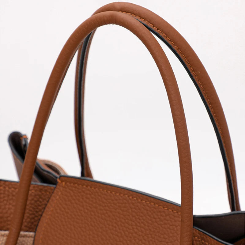 Striped Canvas Genuine Leather Trapeze Handbags