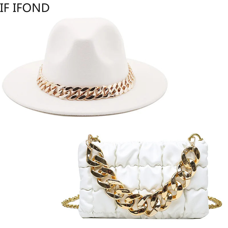 Jazzy Fedora Hats With Oversized Chain Accessory Bag One or Two Piecies