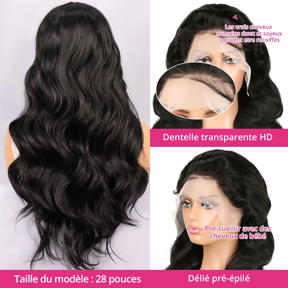 13x4 Body Wave Lace Front Human Hair Wig Natural Brazilian 360 Lace Frontal 180% Density