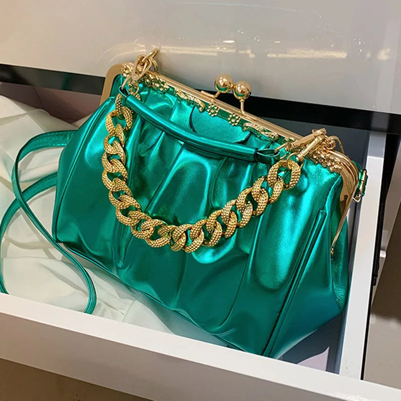 Brand Women Chain Shoulder Bags Kiss Lock Shell Clip Ruched Lady Silver Blue Green Crossbody Bags Pu Leather Handbags And Purse