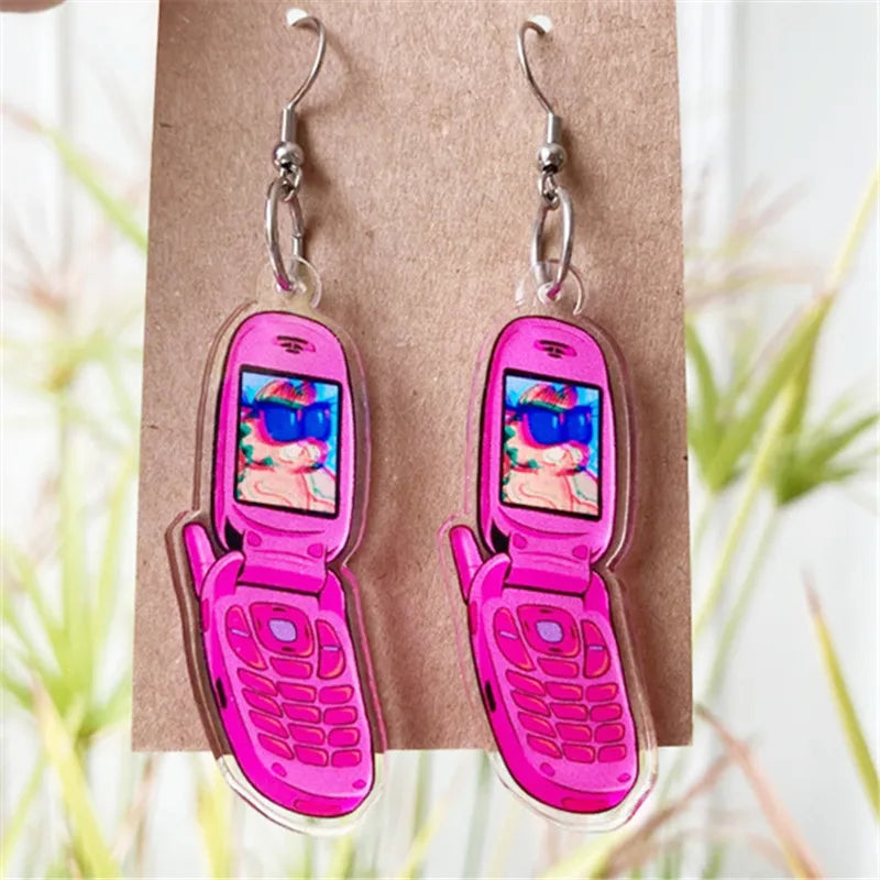 Steam Wave Flip Phone Earrings Vintage Fashion Jewelry Personalized Unique Acrylic Double-sided Printing Novel Jewelry for Women