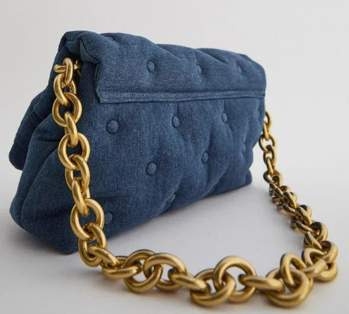 Fashion Designer Denim Padded Bag with Acrylic Chain